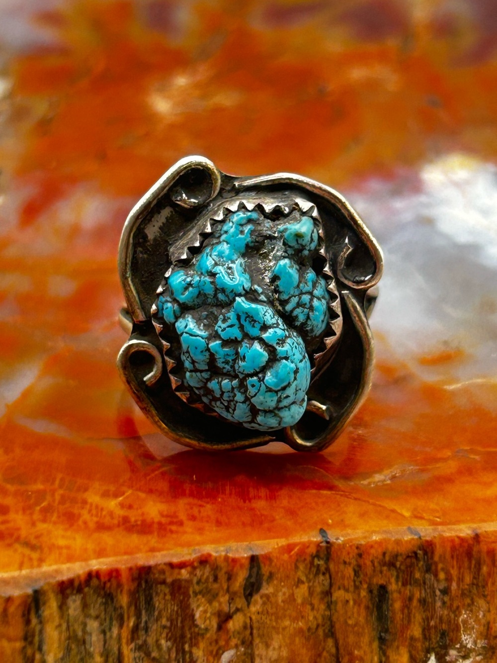 Antique Sterling Silver Turquoise Nugget Ring - size 6.5,